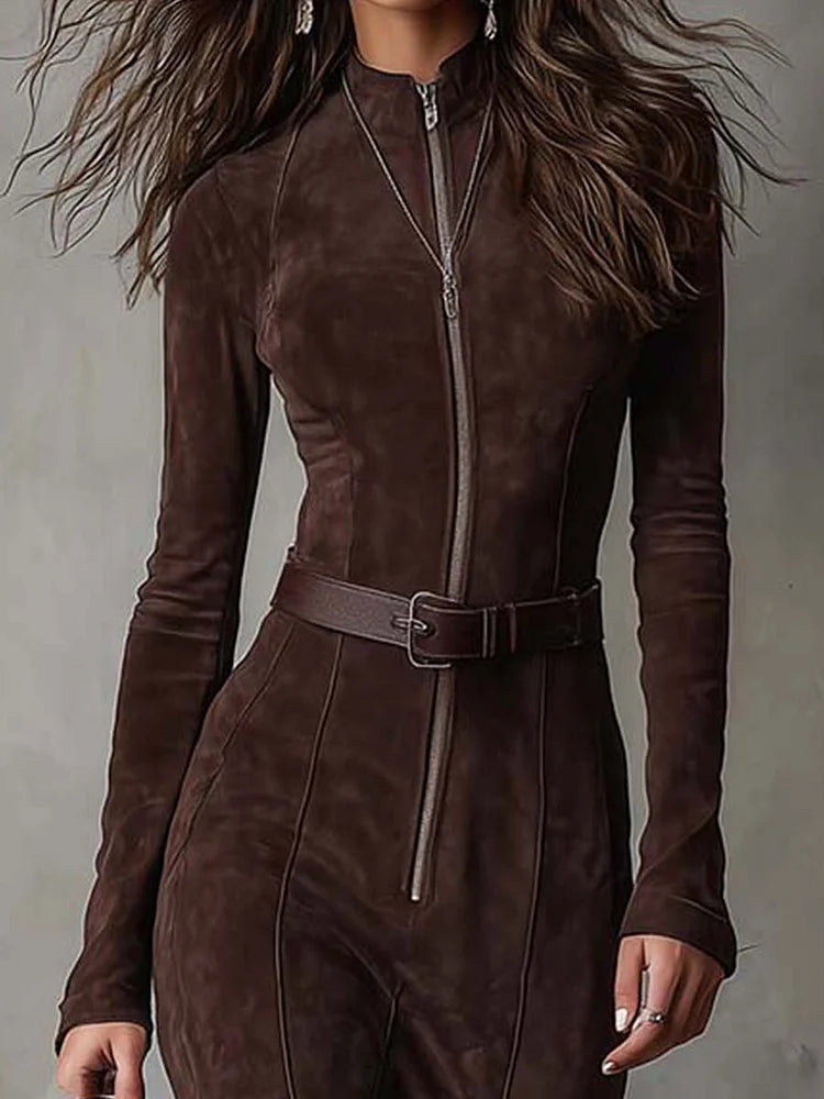 Mia - Long brown dress with belt
