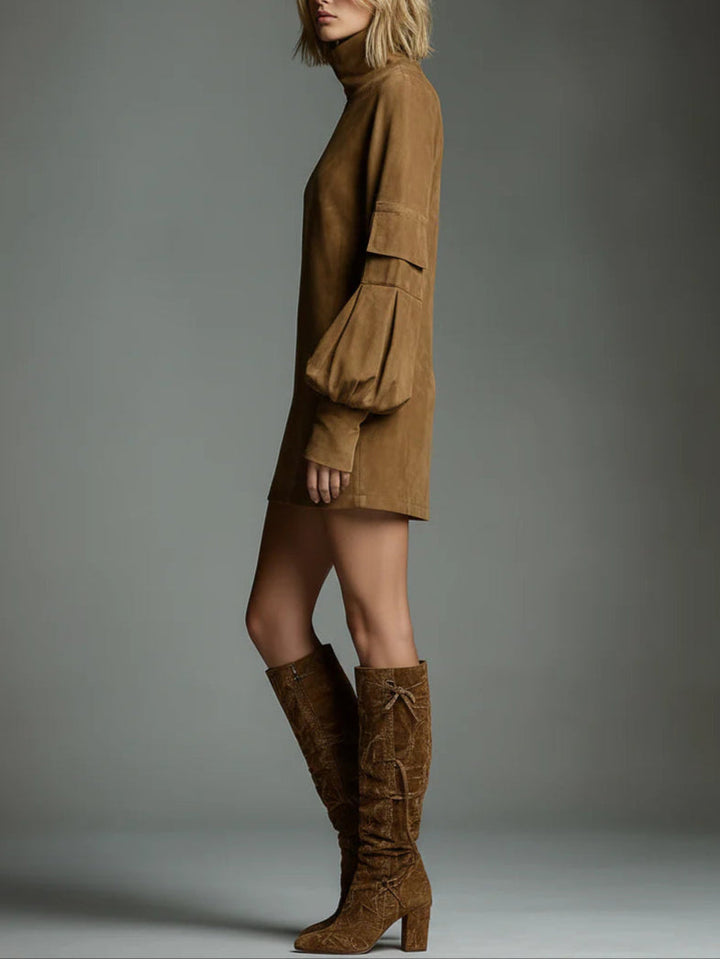 Amelia - Loose-Fit Suede Mini Dress with High Neck