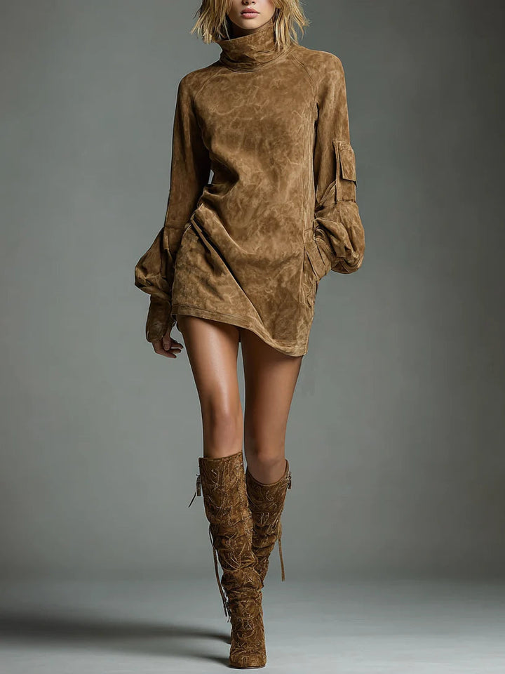 Amelia - Loose-Fit Suede Mini Dress with High Neck