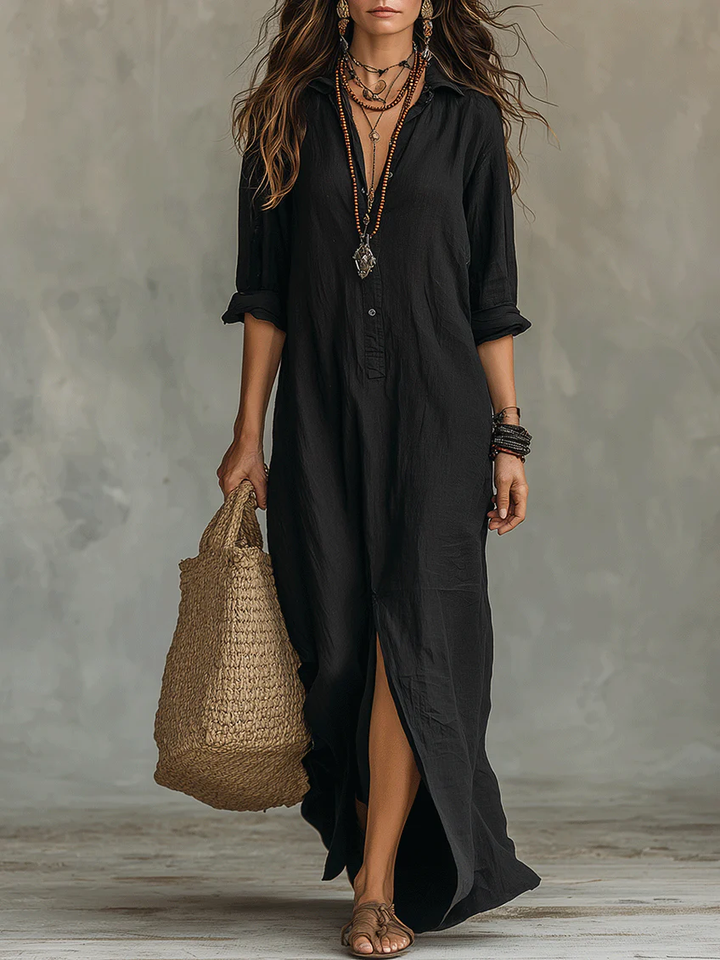 Alessia – Zachte Zwarte Maxi Jurk met Knopen
