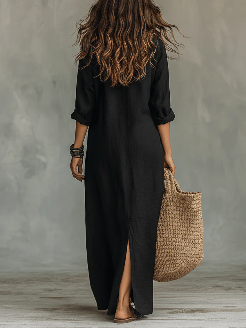 Alessia – Zachte Zwarte Maxi Jurk met Knopen