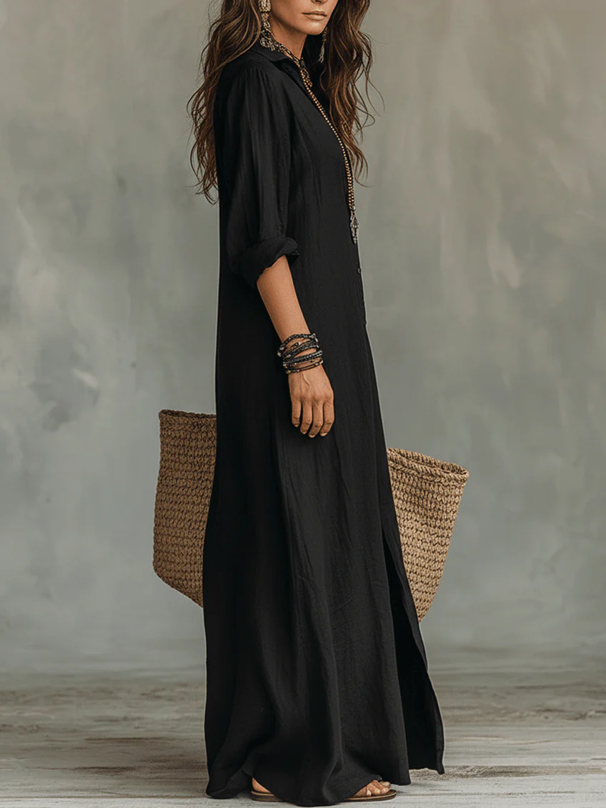 Alessia – Zachte Zwarte Maxi Jurk met Knopen