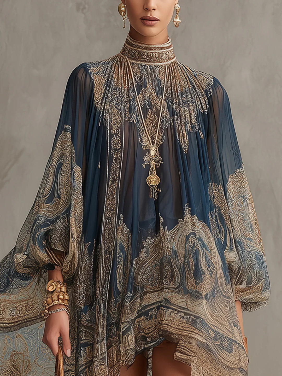Bérénice | Asymmetric Mini Dress in Lightweight Semi-Sheer Chiffon with Navy Blue Baroque Pattern and High Neckline