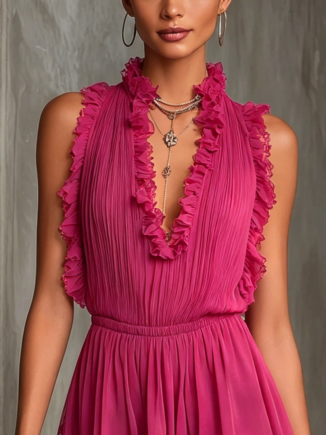 Pleated Chiffon Jumpsuit with Lace and Ruffles in Fuchsia