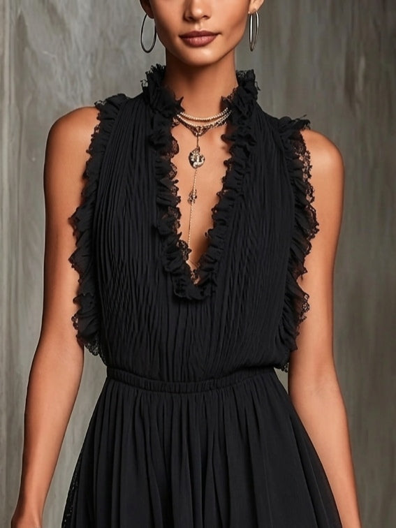 Black Pleated Chiffon Jumpsuit with Ruffled Trim