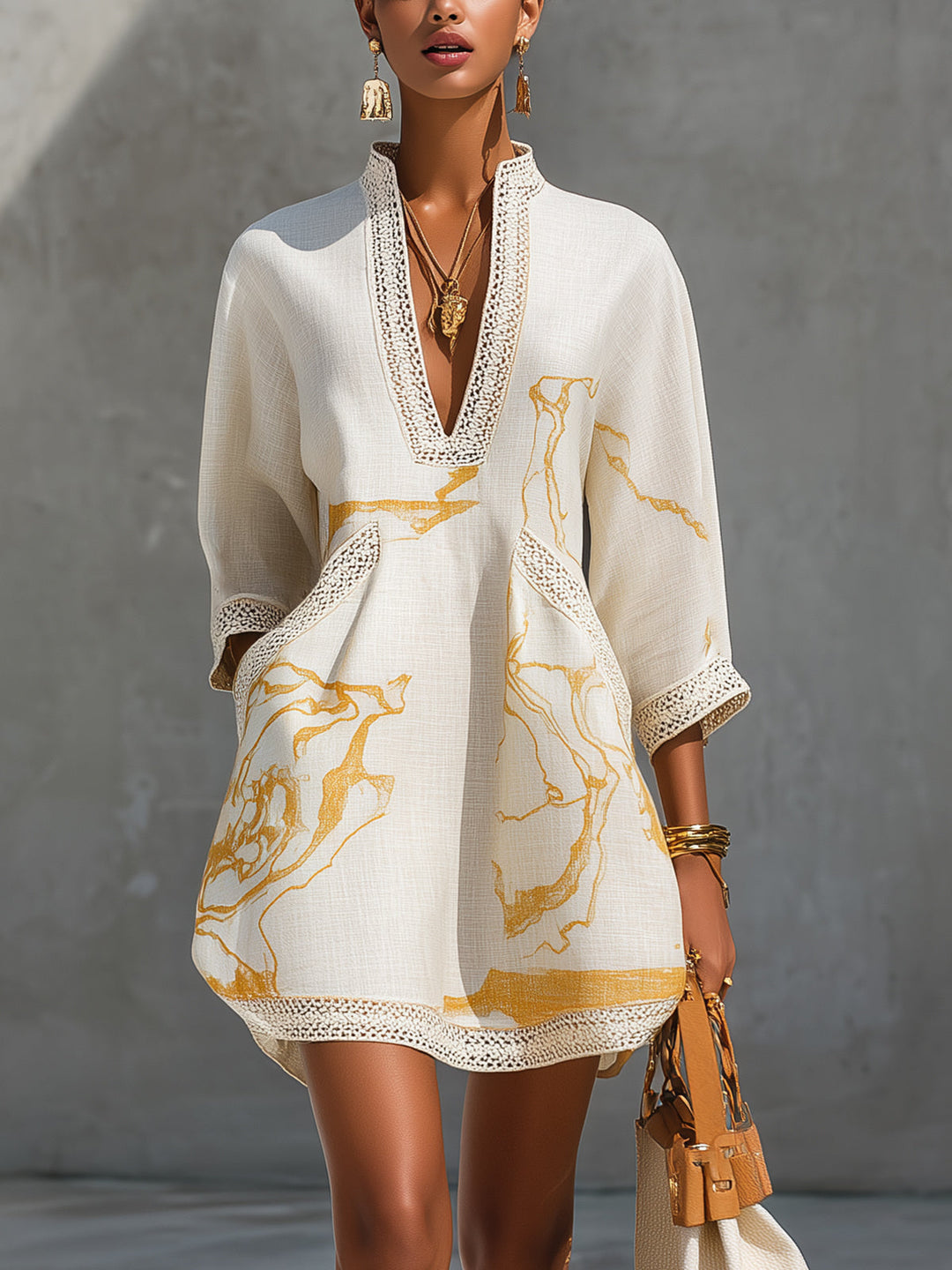Aliénor | Ivory Mini Dress Featuring Golden Crochet Lace and V-Neck Design
