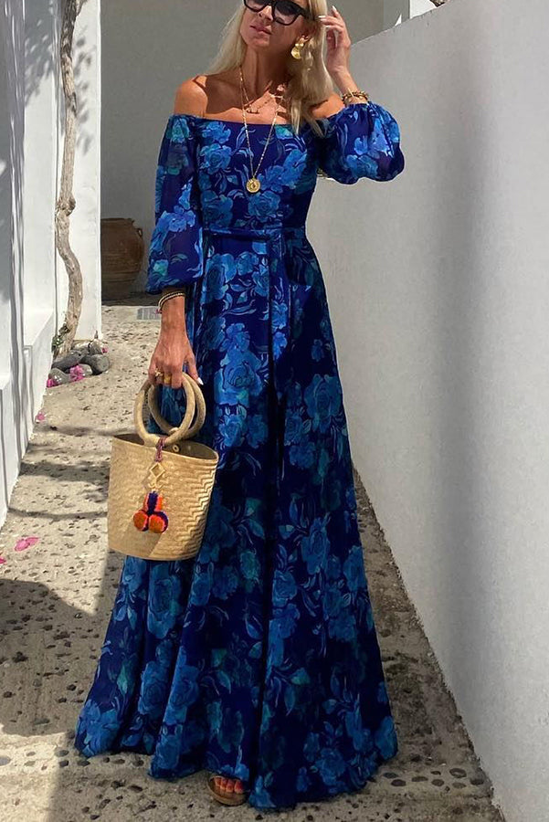 Savannah Long Floral Print Dress with Off-the-Shoulder Sleeves