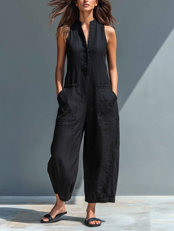 Mouwloze Jumpsuit voor Vrouwen met Hoge Kraag en Knopen