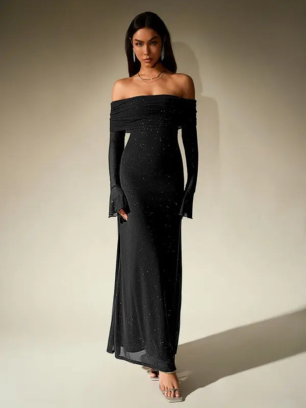ANDREA™ - Women's Off-The-Shoulder Ruched Contrast Sequin Bodycon Dress