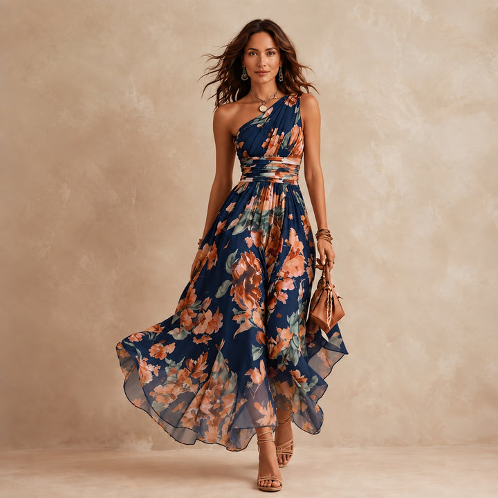 Celeste one-shoulder floral maxi dress in navy