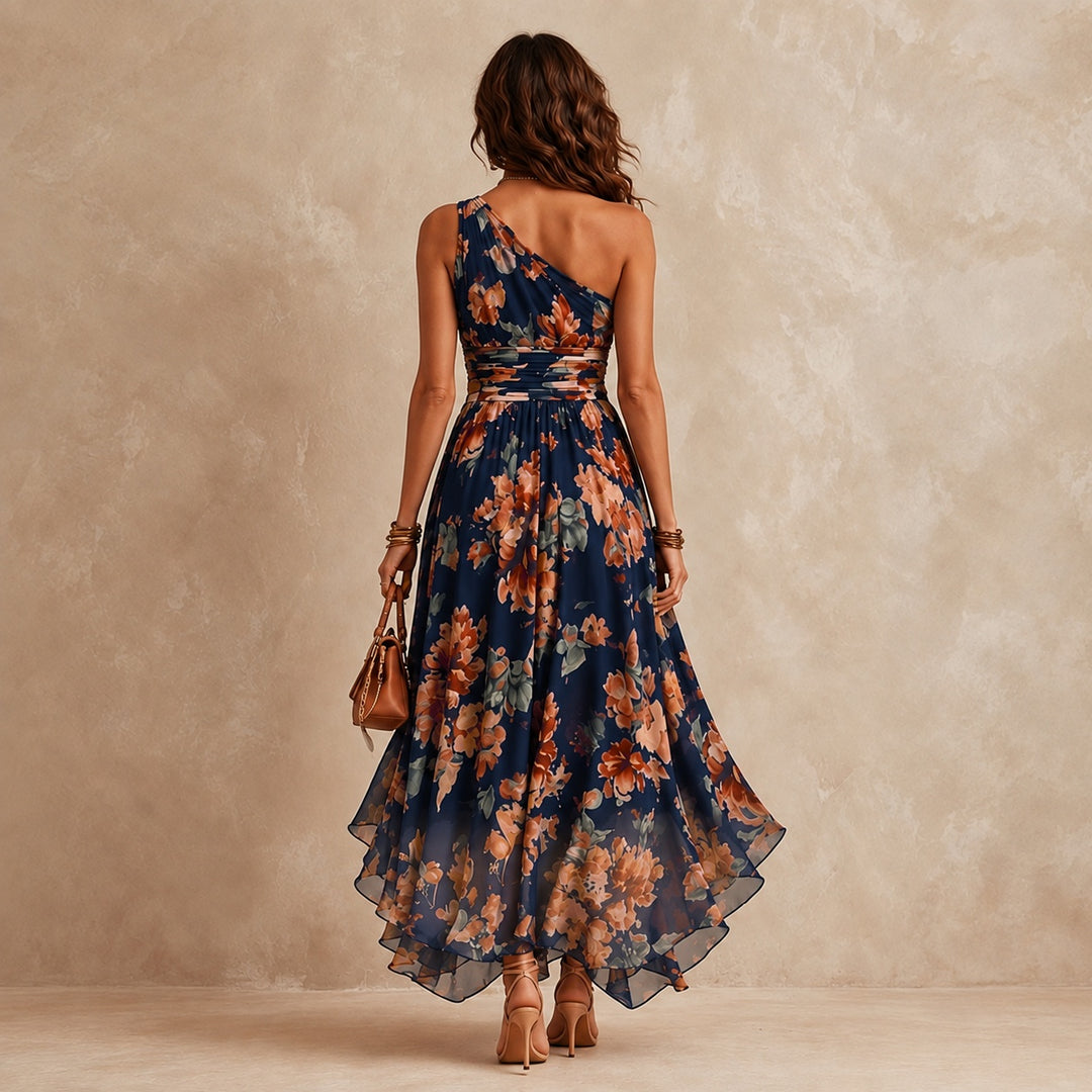 Celeste one-shoulder floral maxi dress in navy