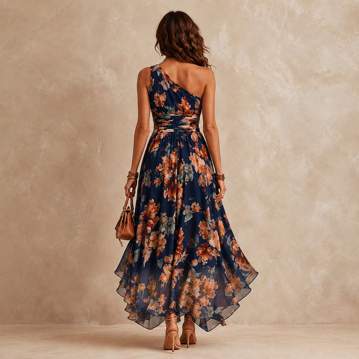 Celeste one-shoulder floral maxi dress in navy