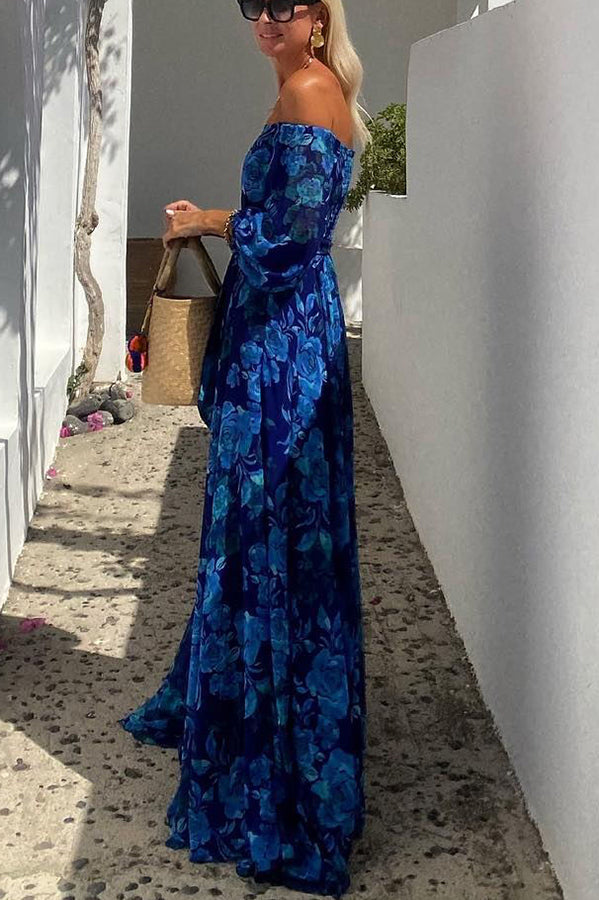 Savannah Long Floral Print Dress with Off-the-Shoulder Sleeves