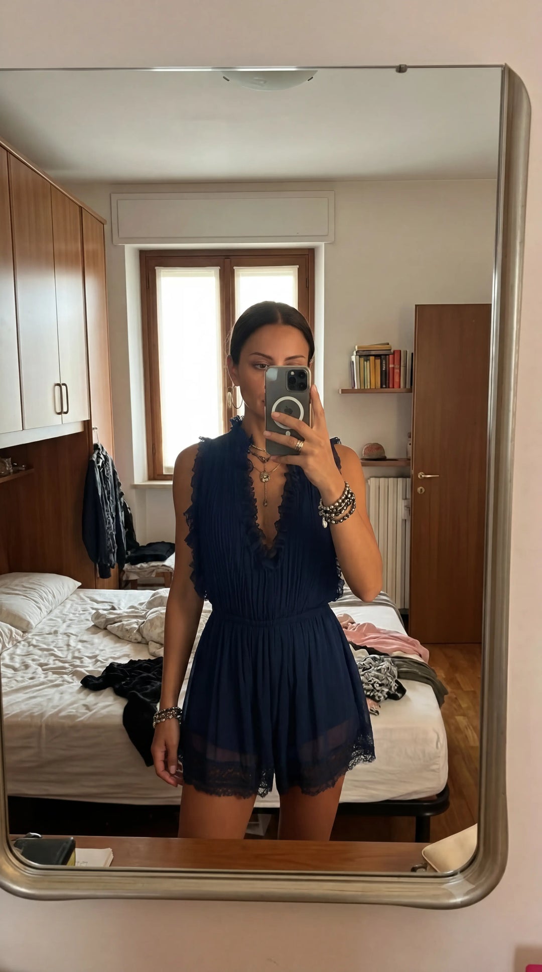 Navy Blue Pleated Chiffon Jumpsuit