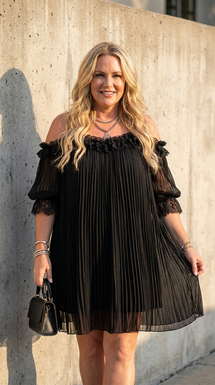Camille | Off-Shoulder Black Chiffon Mini Dress with Lace Trim