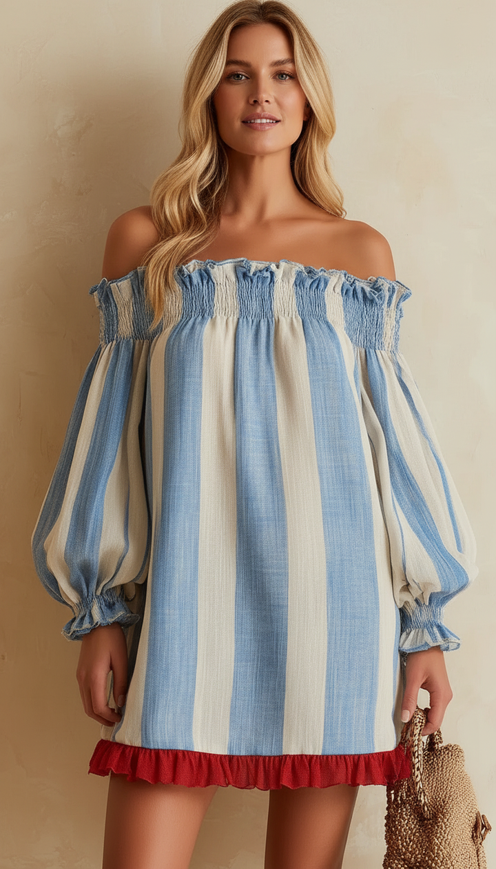 Ondine | Blue and White Striped Mini Dress with Off-the-Shoulder Style and Contrasting Hem