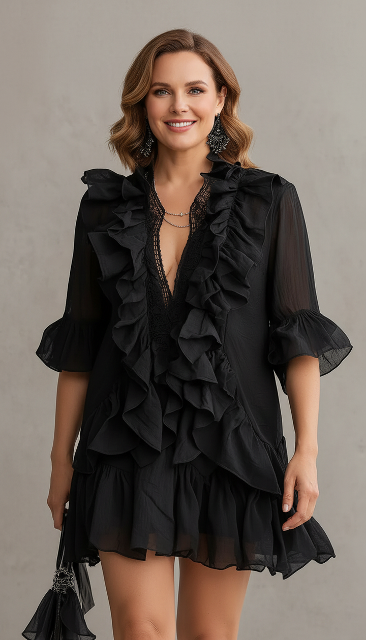 Anaïs | Black Ruffled Chiffon Mini Dress