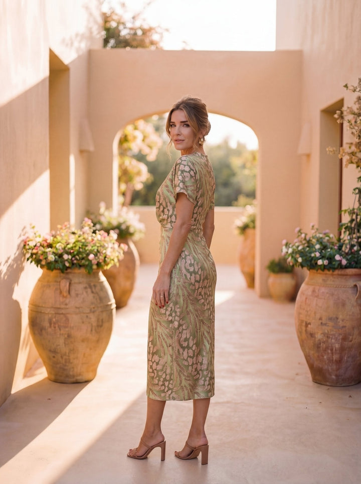 Beatriz™ | Midi Dress with Slimming Effect, Central Button, and Flowing Drape