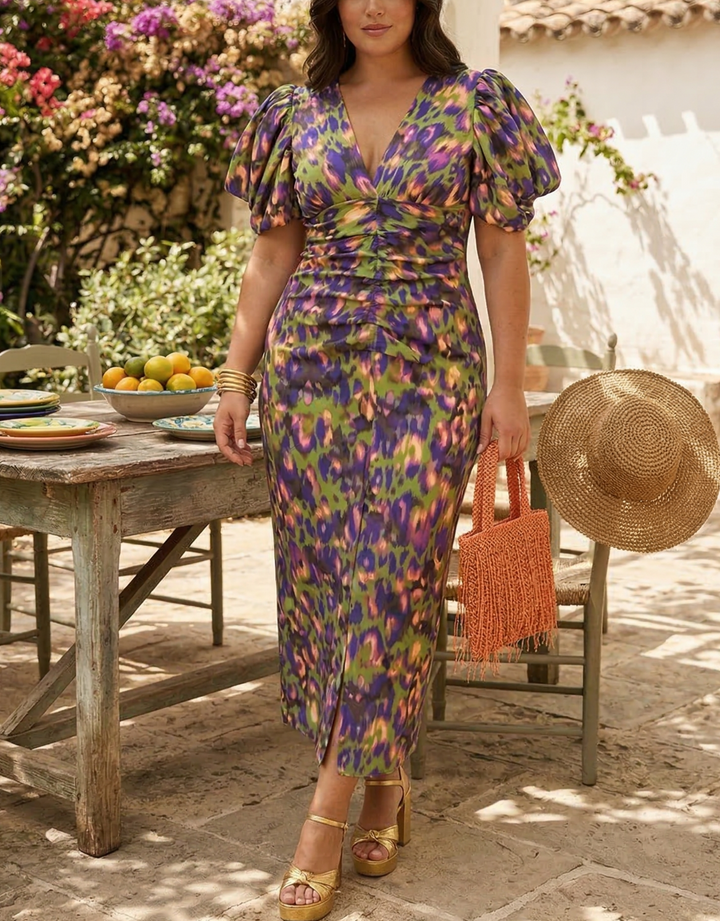 Loren - Vibrant Midi Dress with Puff Sleeves