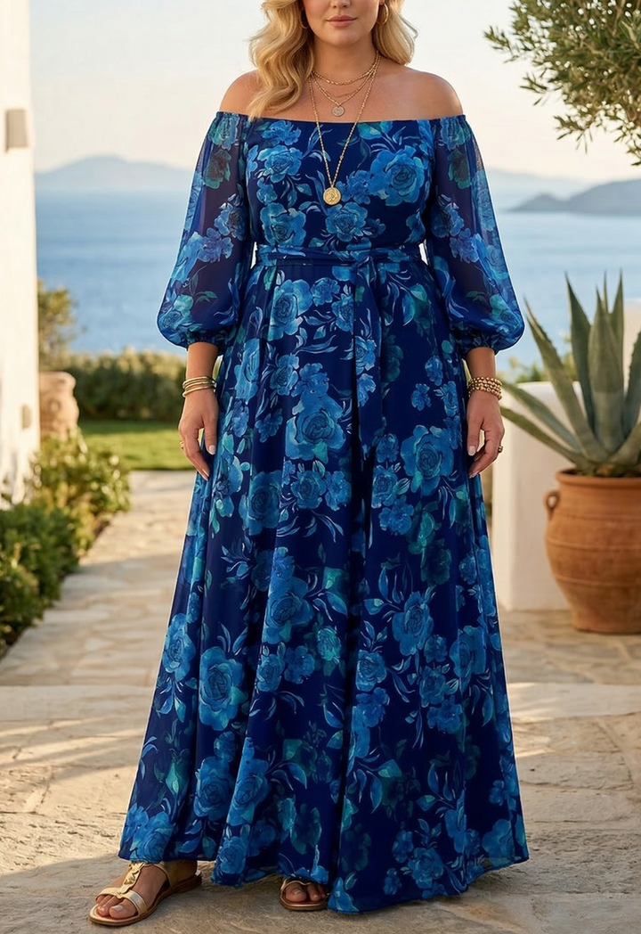 Francesca - Long dress with floral print and off-the-shoulder sleeves